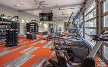 A gym with weights and cardio machines and a tv